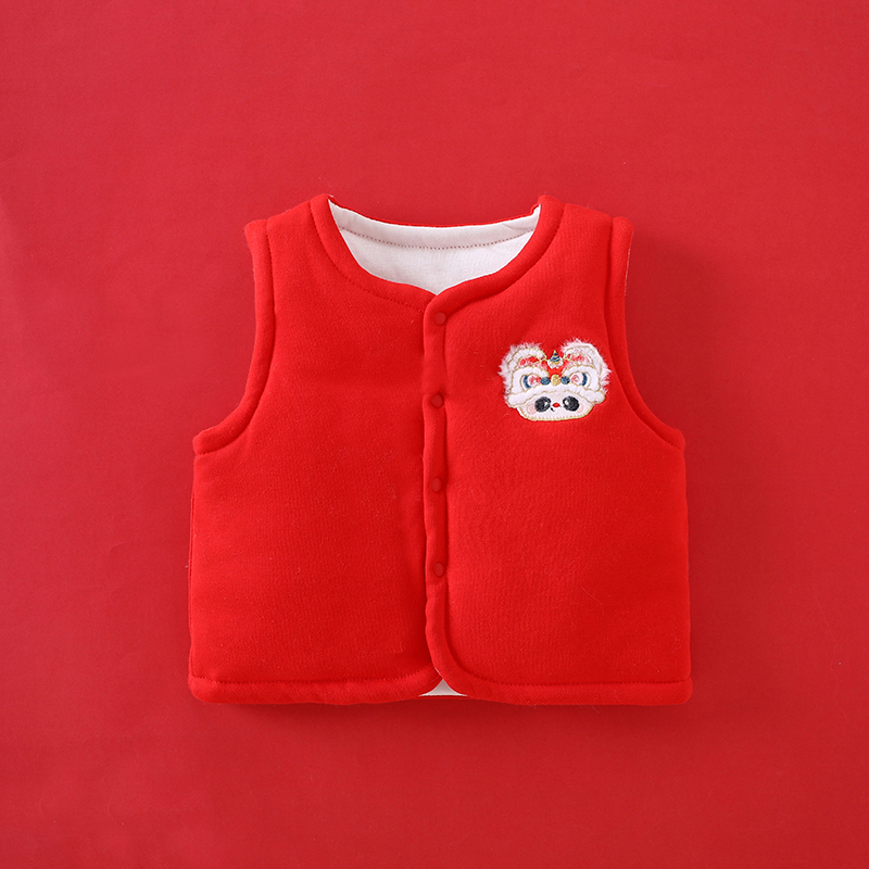 新生儿保暖马甲秋冬红色春节拜年服婴儿加厚背心宝宝夹棉坎肩冬装