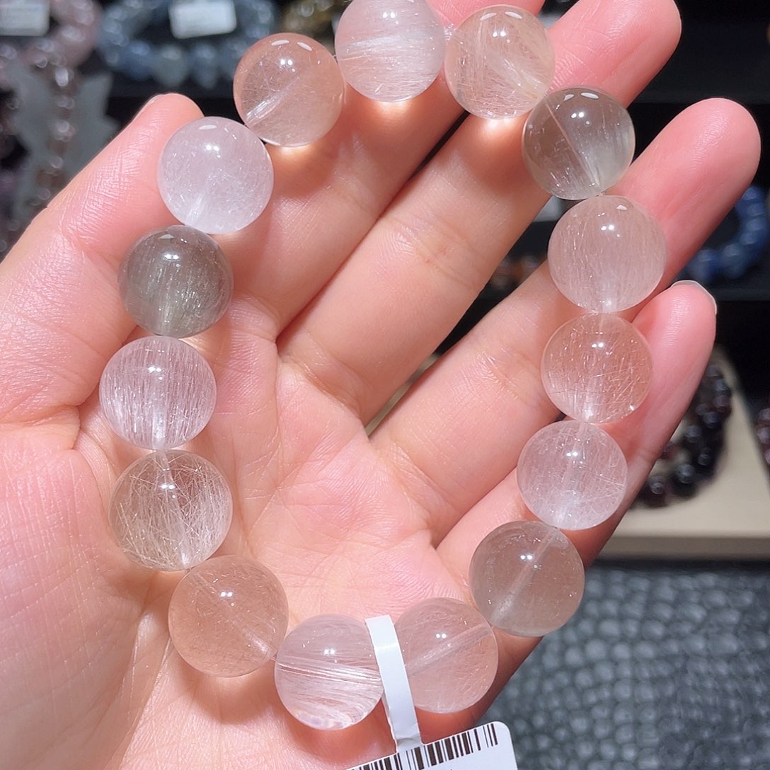 水晶手链未镶嵌白兔毛手链，晶体通透