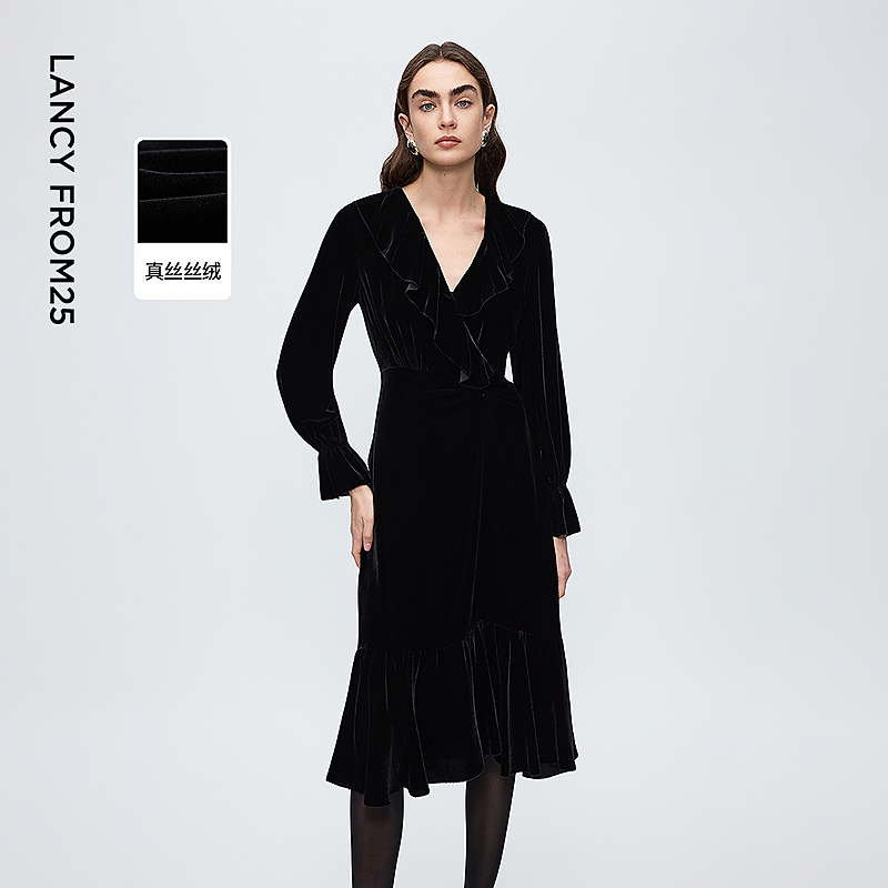 朗姿丝绒v领收腰连衣裙气质高级感轻礼服裙2025年冬季新款女