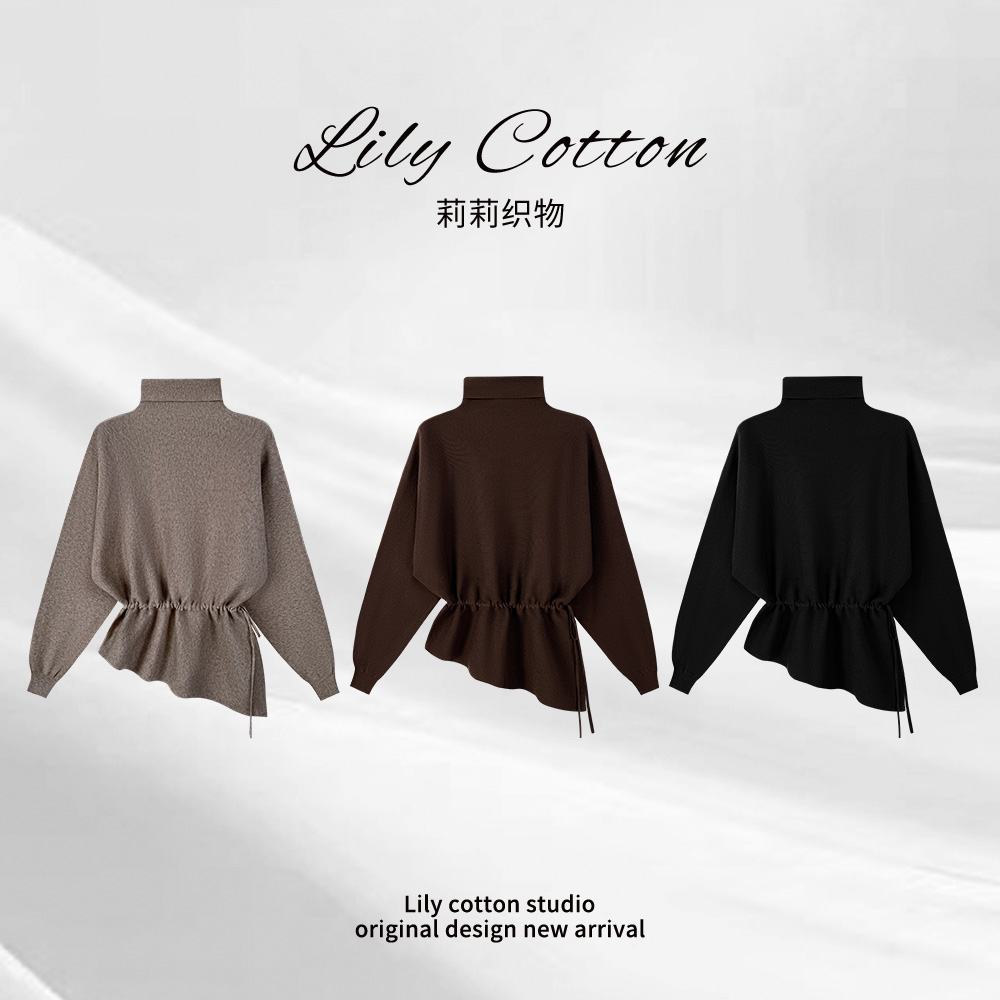 轻熟艺束 法式轻熟风抽绳收腰不规则绵羊毛高领上衣 XR-6201632