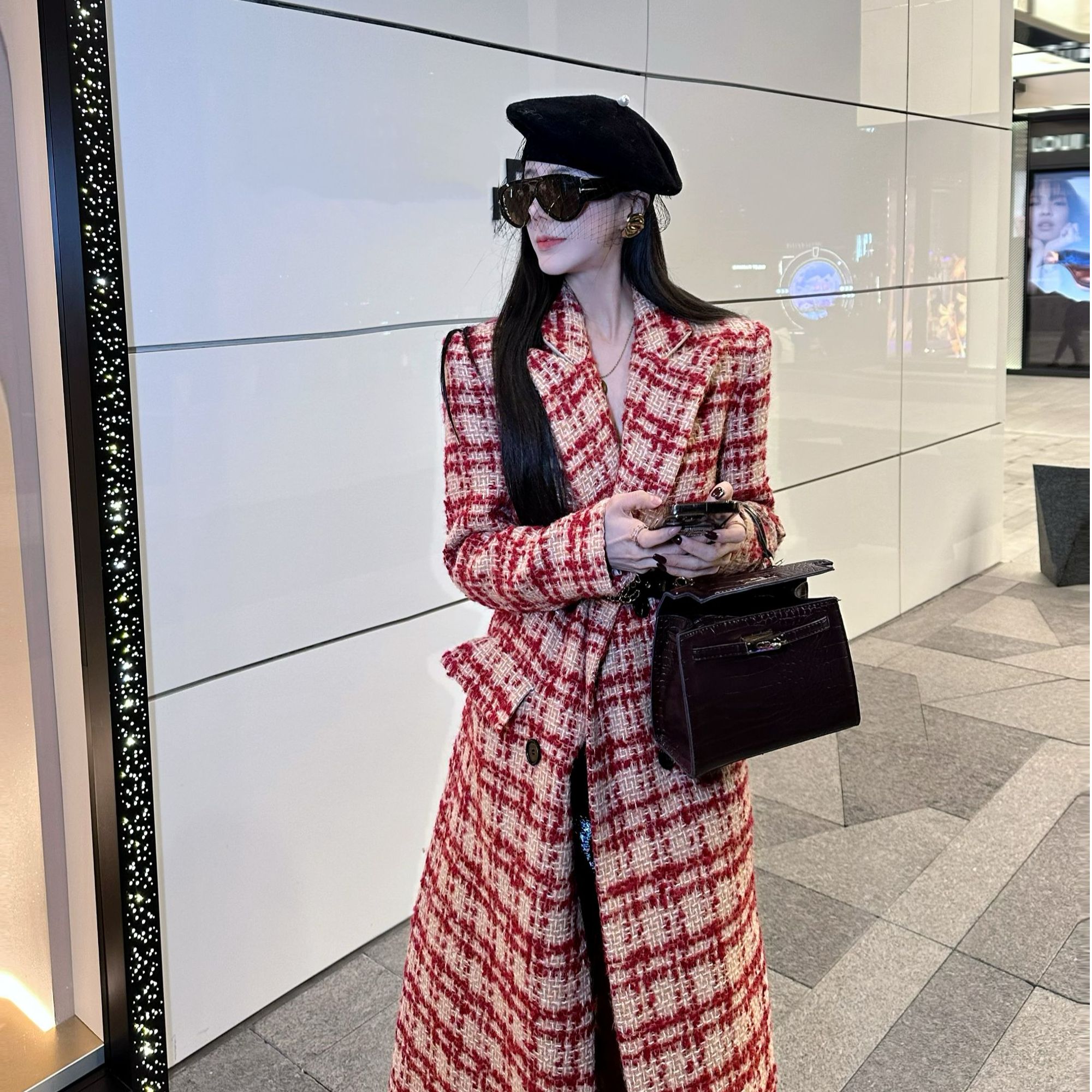 WANWAN【悉尼剧院2】羊毛格纹设计小香风大衣外套JJD5DY1150