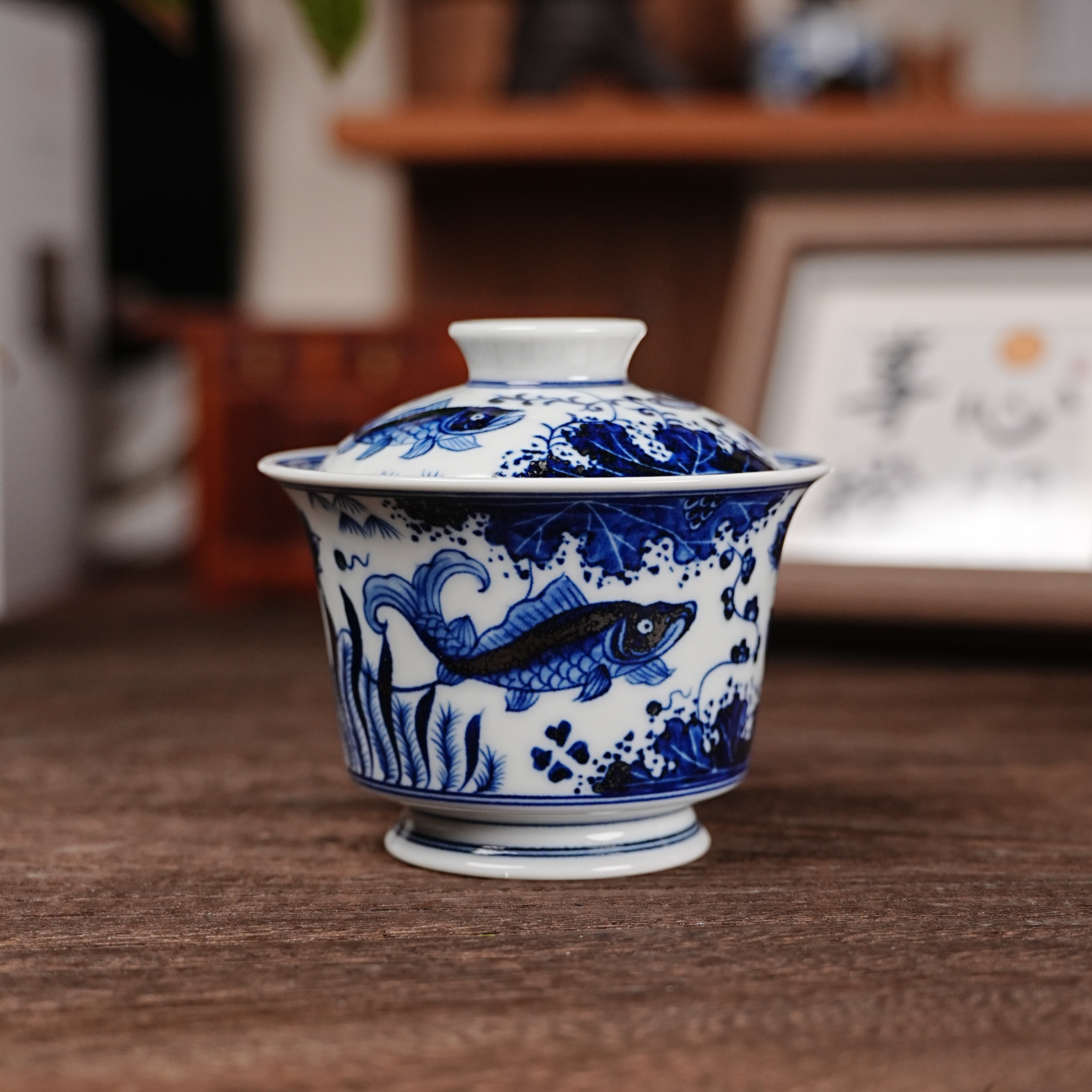 【墨舍柴窑】墨舍柴窑荷花桂鱼马蹄盖碗moshe774