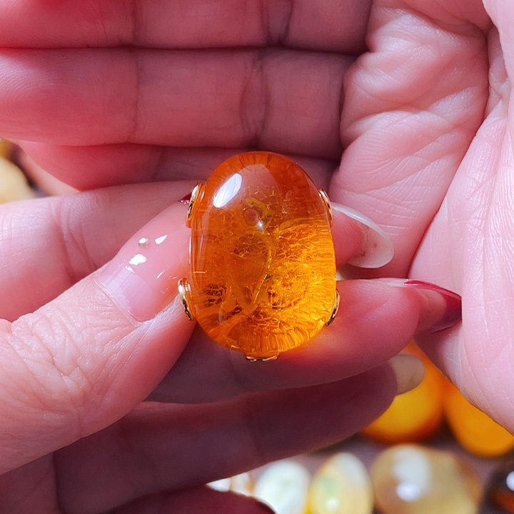 琥珀戒指银S925镶嵌橘****?戒指