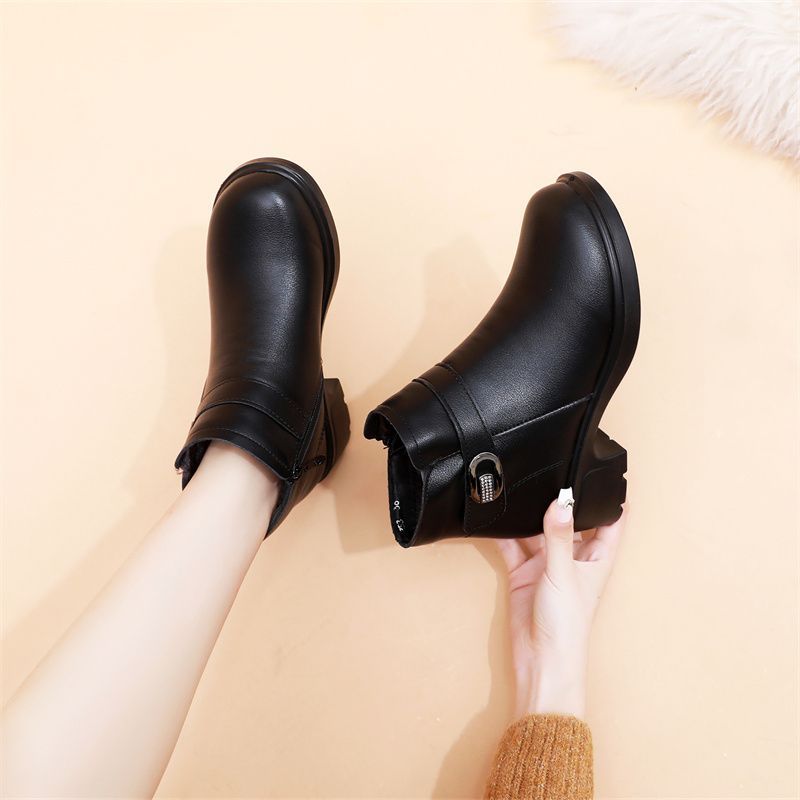 粗跟保暖冬季短靴中老年女士靴子棉靴妈妈鞋加绒防滑