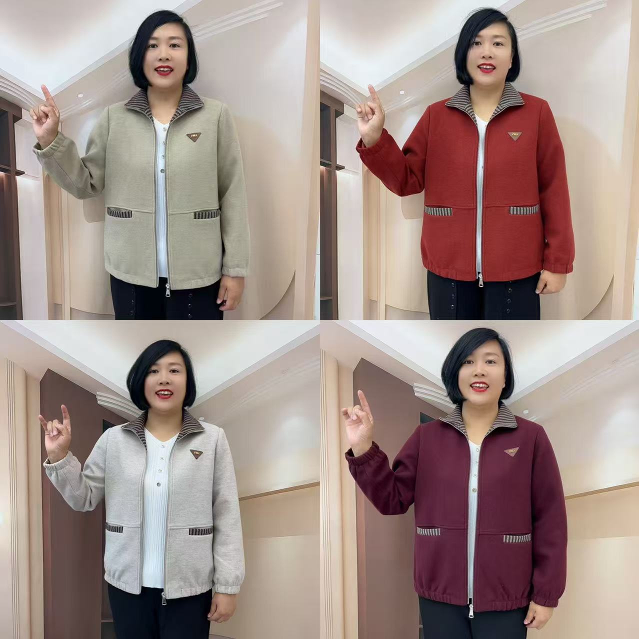 厚款拉链秋冬方领中老年女装针织春秋双面时尚翻领518
