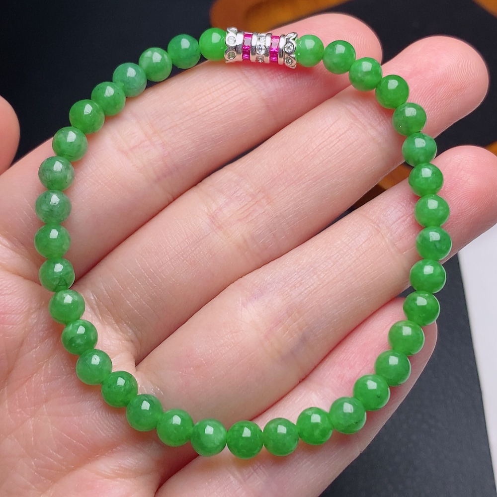 缅甸天然a货翡翠冰润阳绿圆珠手链卡5mm绿色女款满绿珠珠