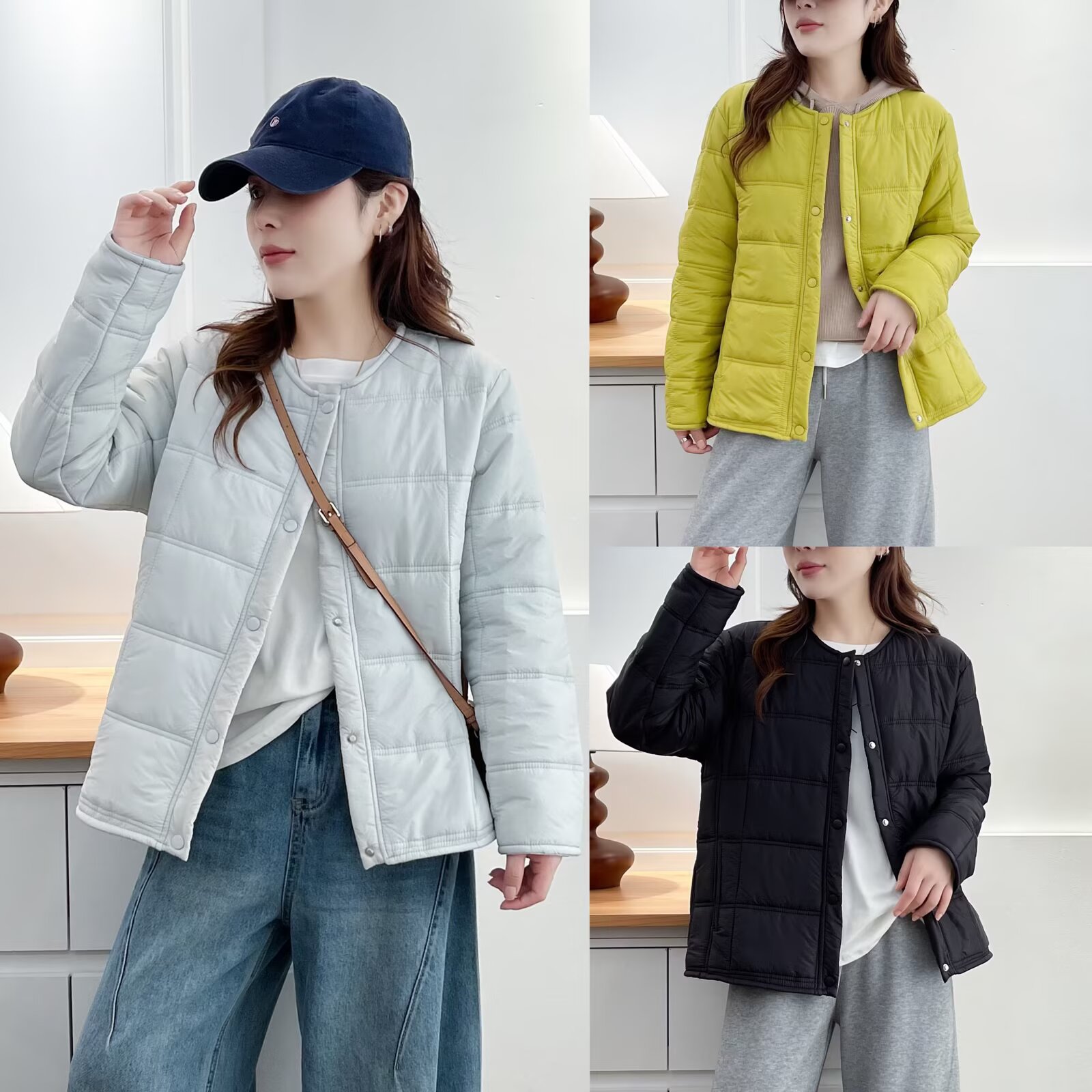 YN8629圆领格子单排扣轻便棉衣大码女装简约百搭秋冬棉服外套百搭