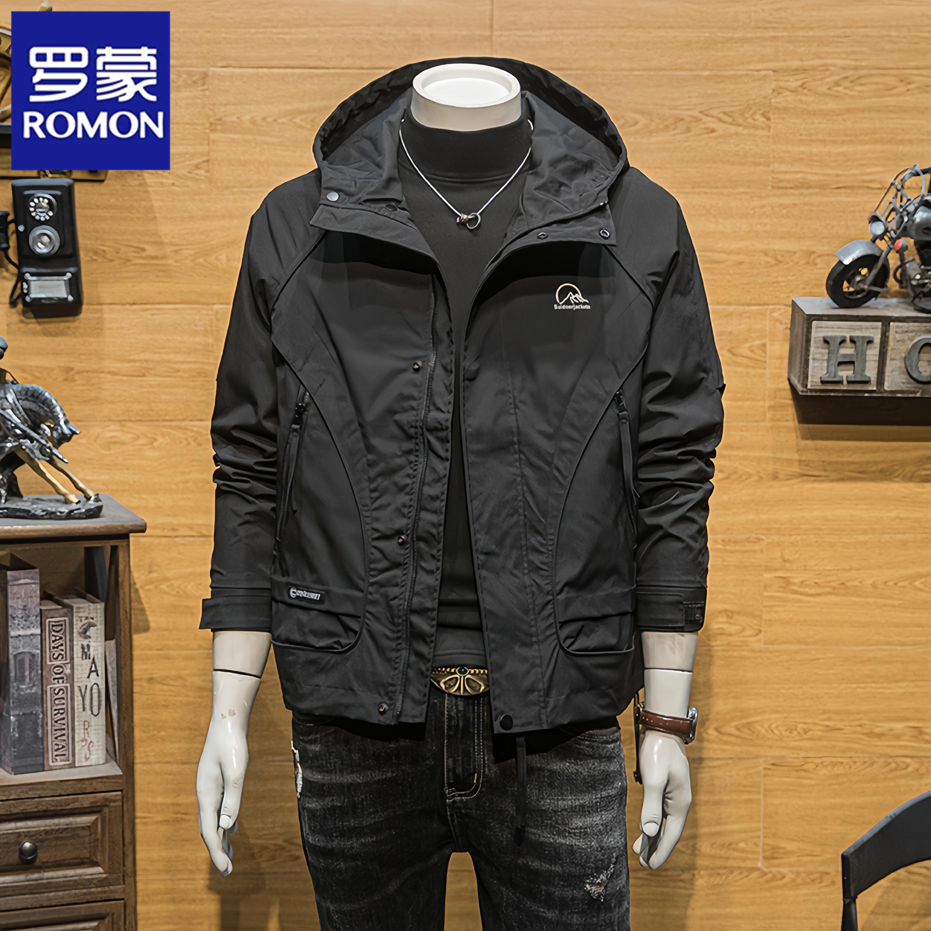 罗蒙新款秋季男士连帽工装夹克外套时尚帅气休闲冲锋衣防风机车服