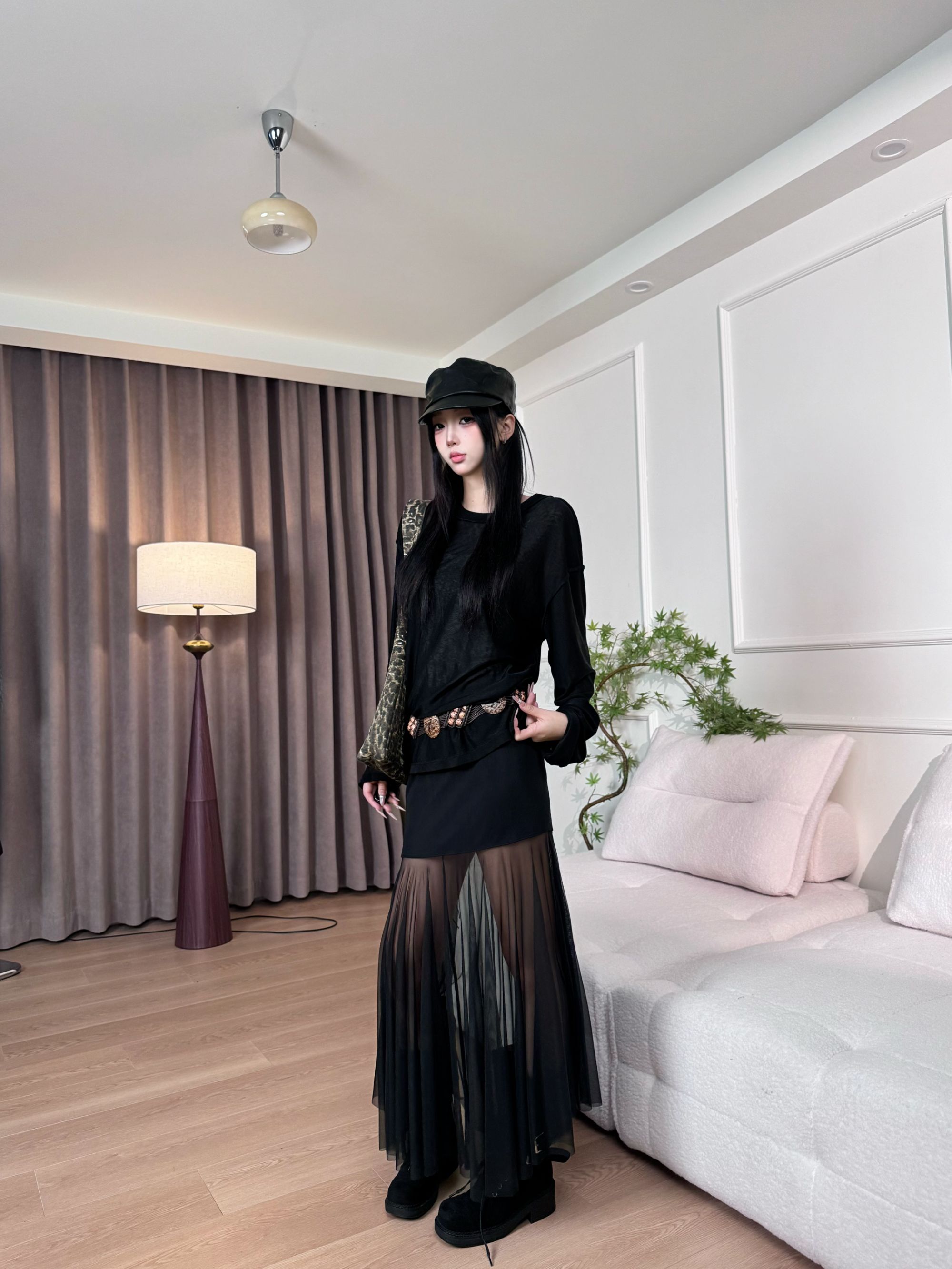 2025朦胧透感拼接褶皱网纱仙女半身泡泡裙半身裙黑色