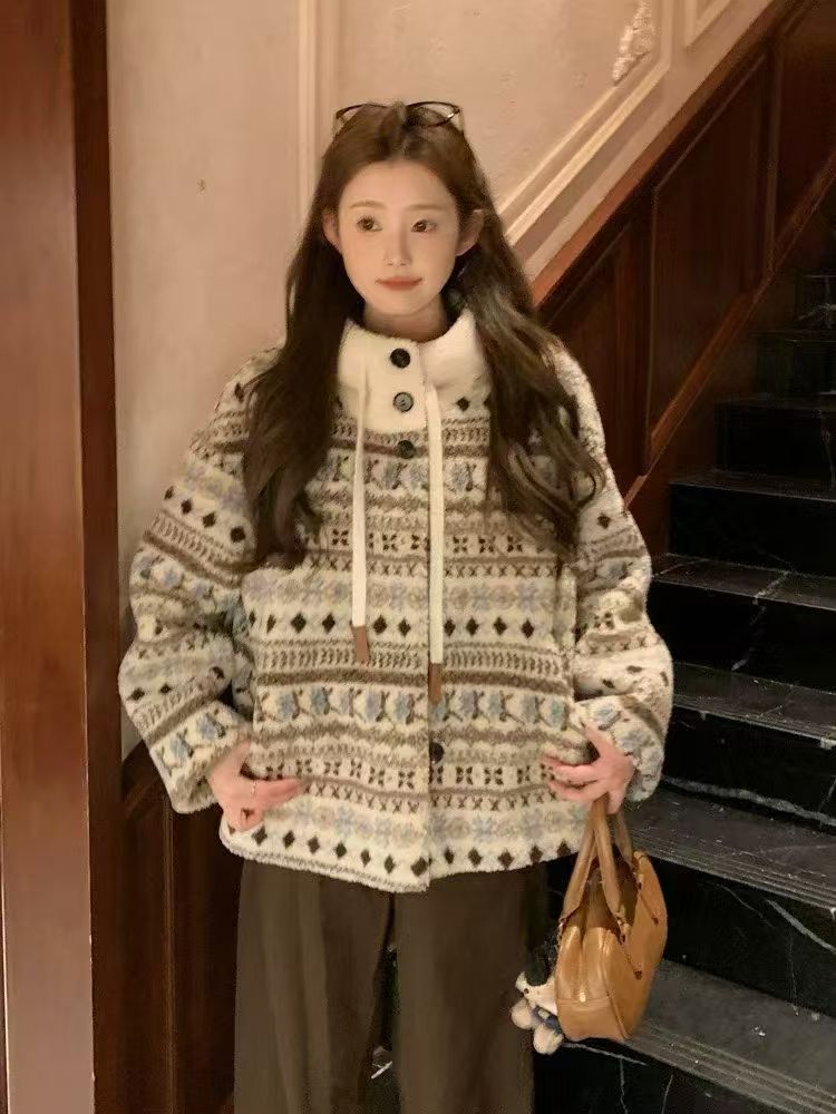 费尔岛宽松外套女2025冬季新款连帽百搭毛毛外套