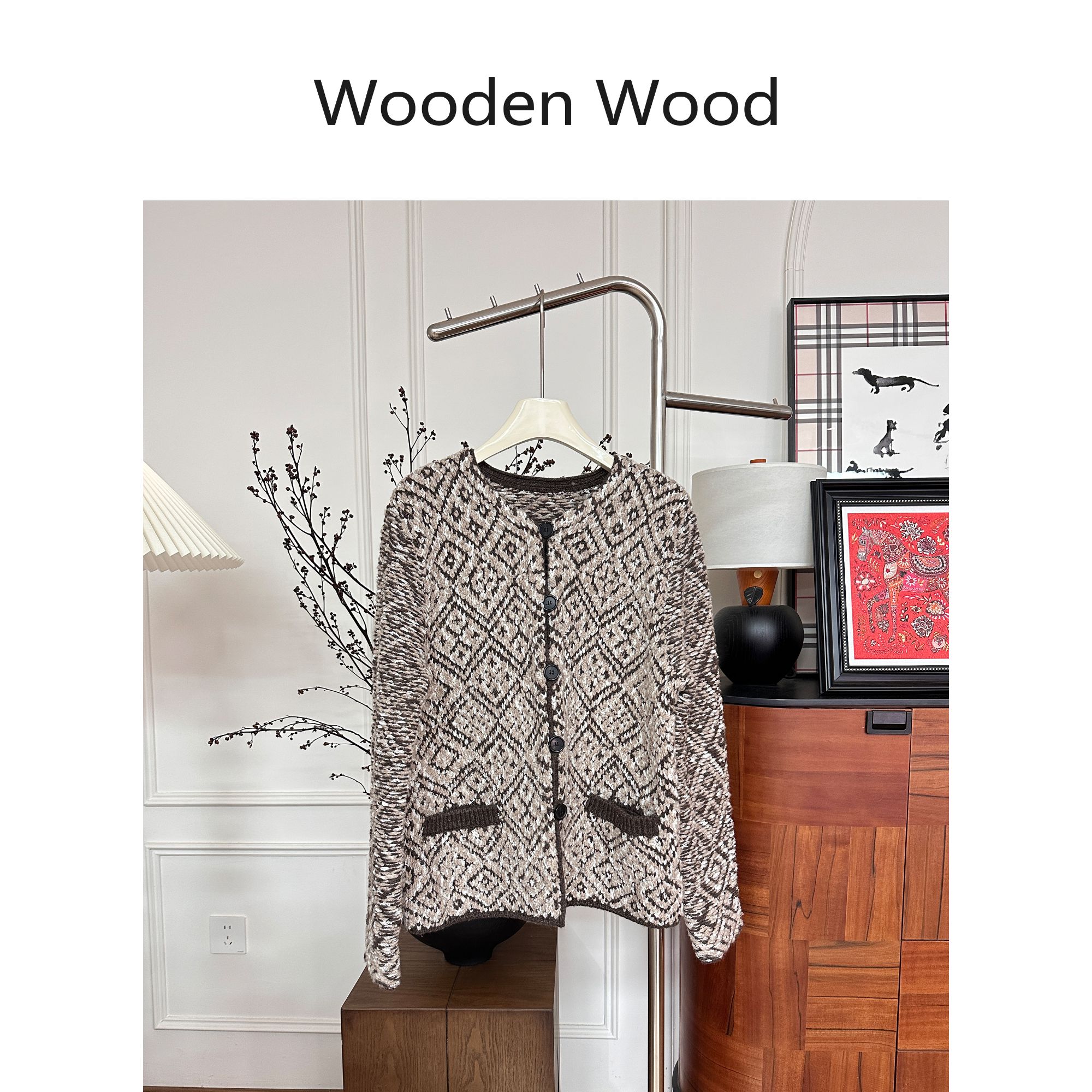 Wooden Wood“咖纹毛衣”老钱风费尔岛时尚气质羊毛短外套P25751