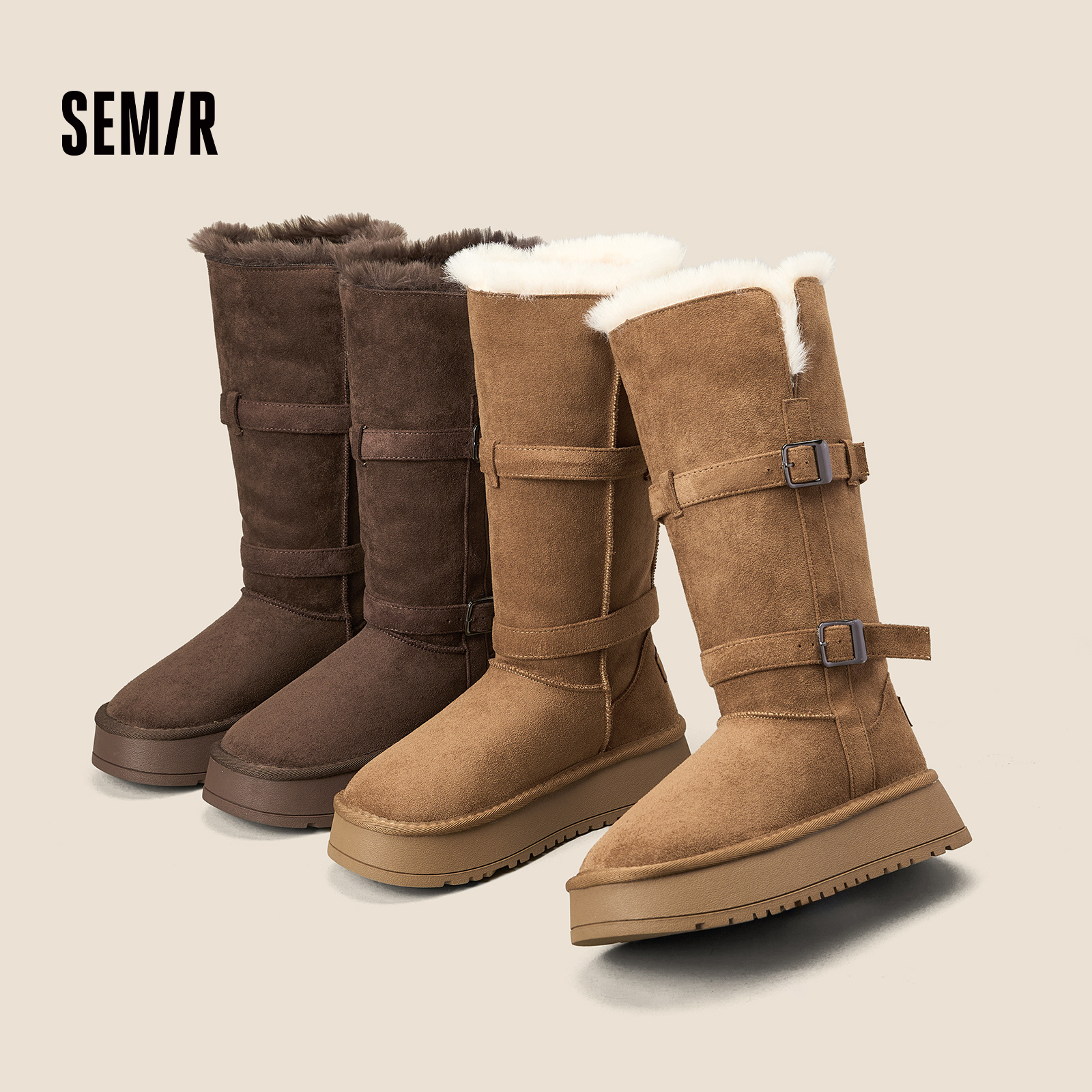 SEMIR女鞋厚底雪地靴女冬季新款加厚保暖毛毛中长筒加绒棉鞋