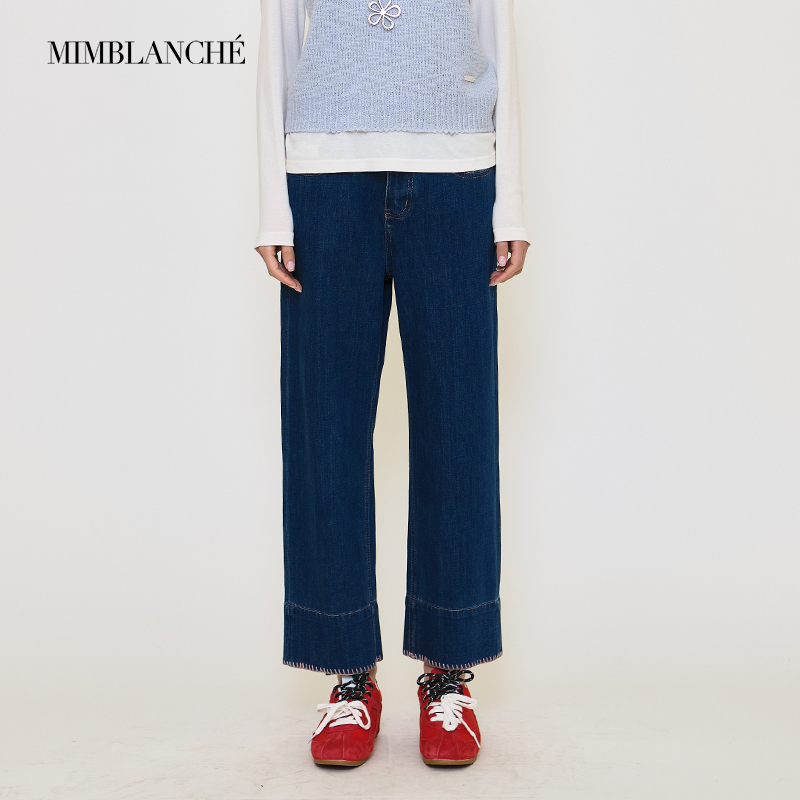 MIMBLANCHE25新款口袋蕾丝标直筒绣线蓝色牛仔弹力九分裤女