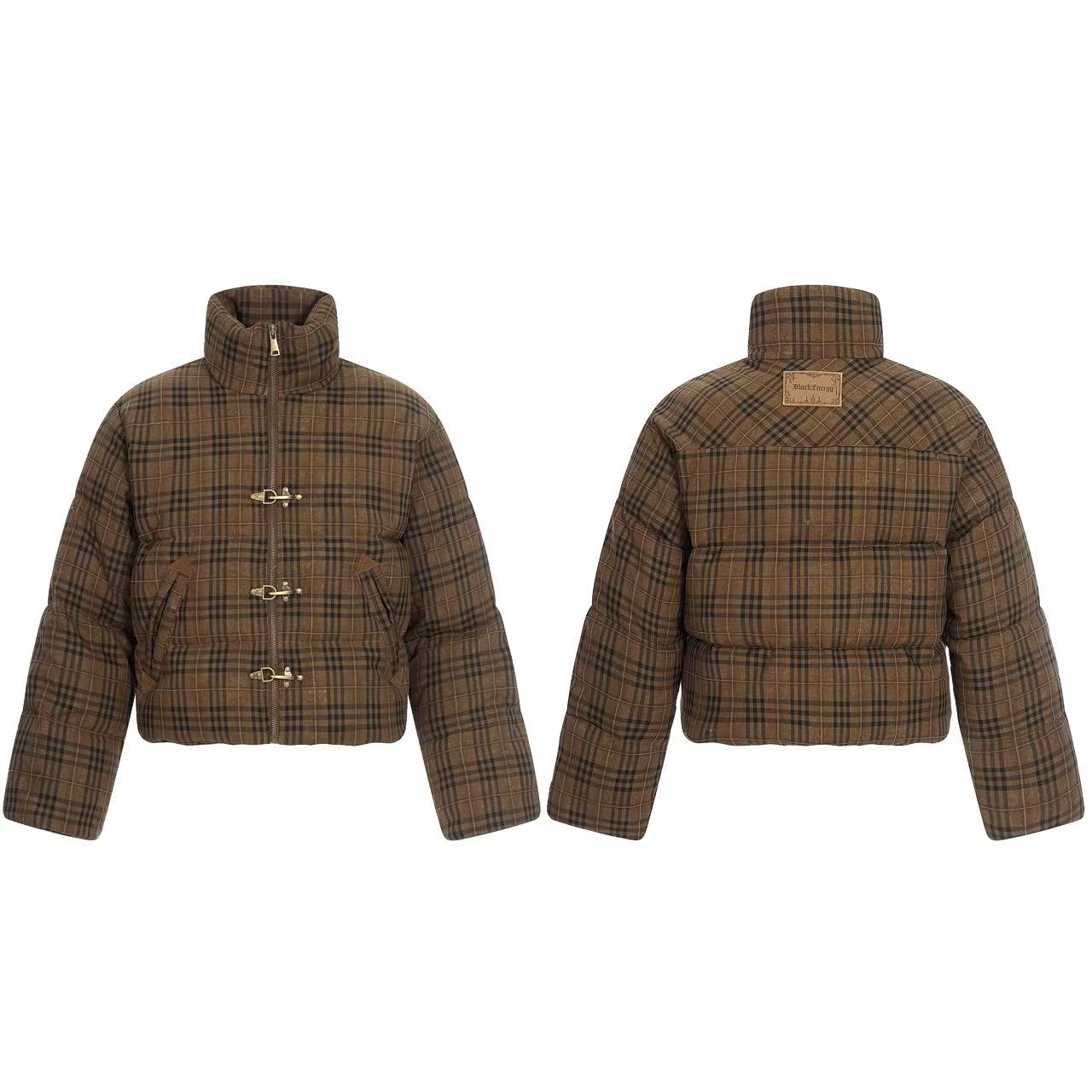 格子短款休闲棉服