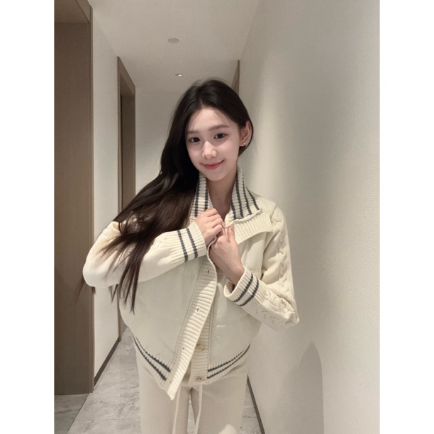 【Meng服饰】粉色甜美针织拼接立领棉服冬季加厚保暖外套+裤子