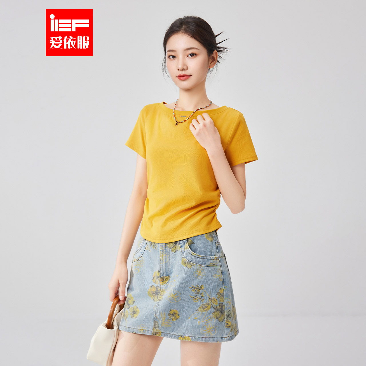 IEF/爱依服2025新款夏季针织短袖高腰牛仔辣妹上下套裙