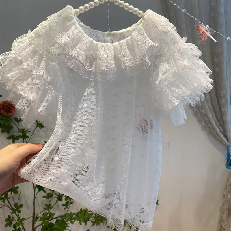 女童白色重工单层蕾丝花边领打底 女孩款短袖内搭 洛丽塔打底上衣