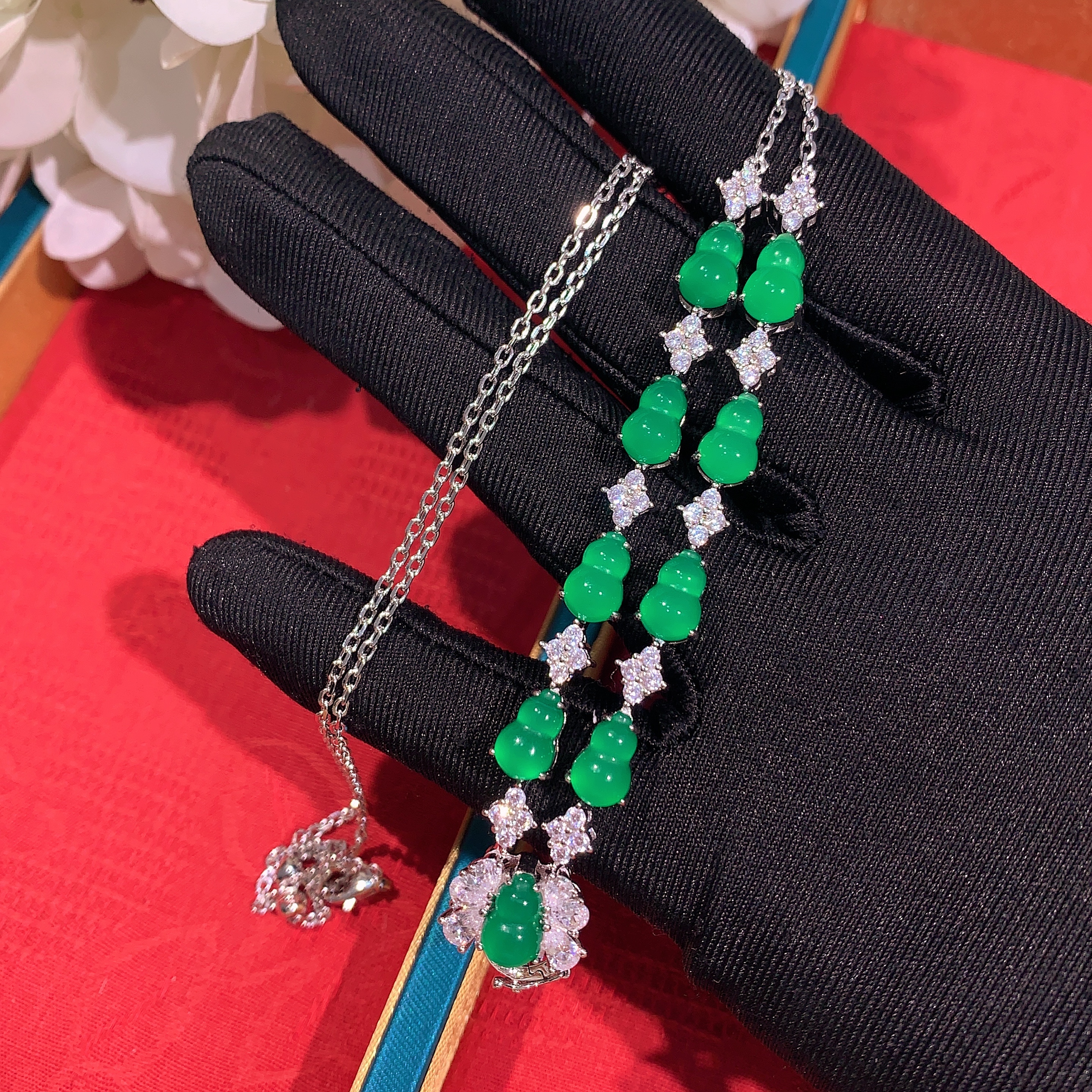 s925银镶嵌多用款项链天然绿玉髓迷你葫芦万能套链日常百搭珠宝链