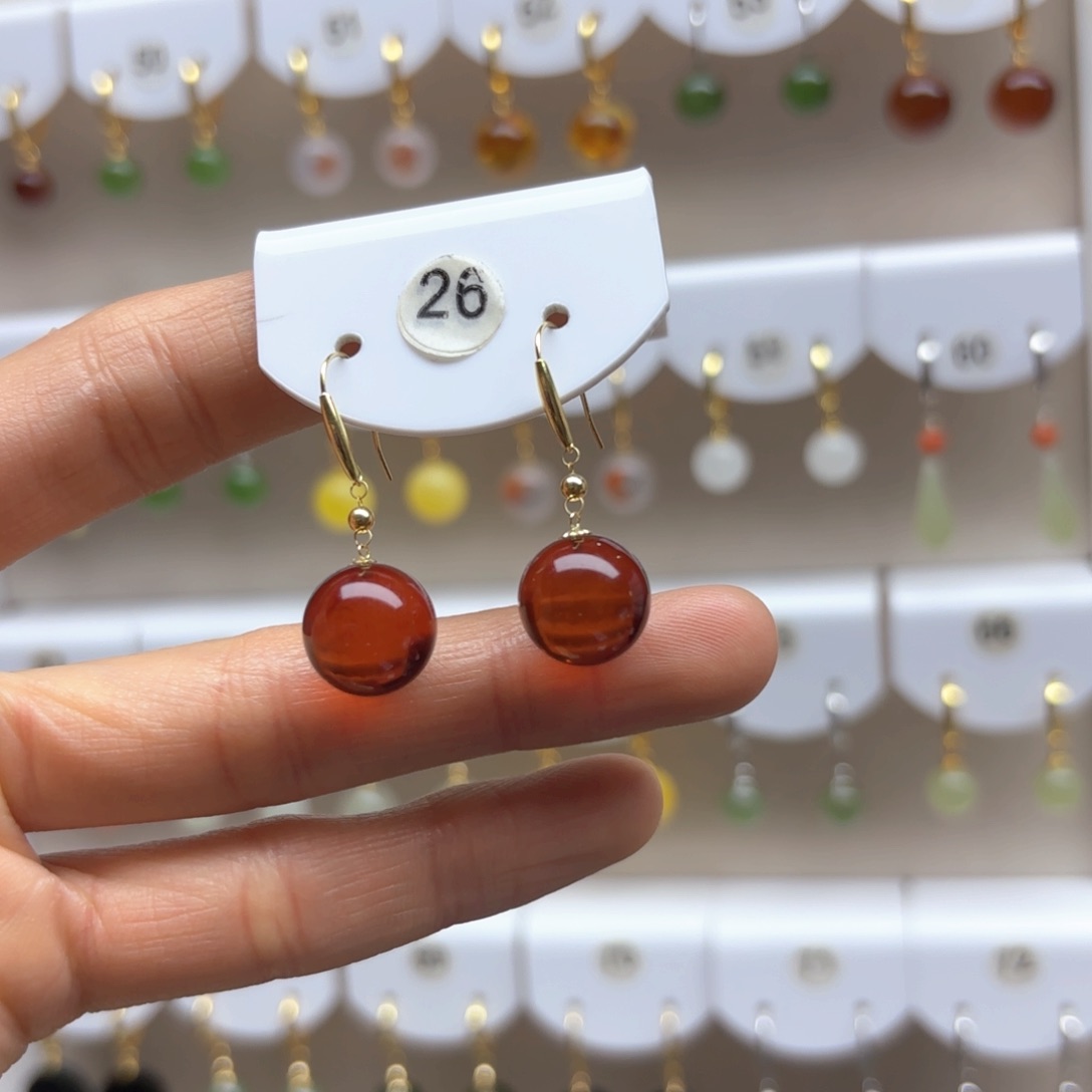 琥珀耳饰18K金镶嵌血珀