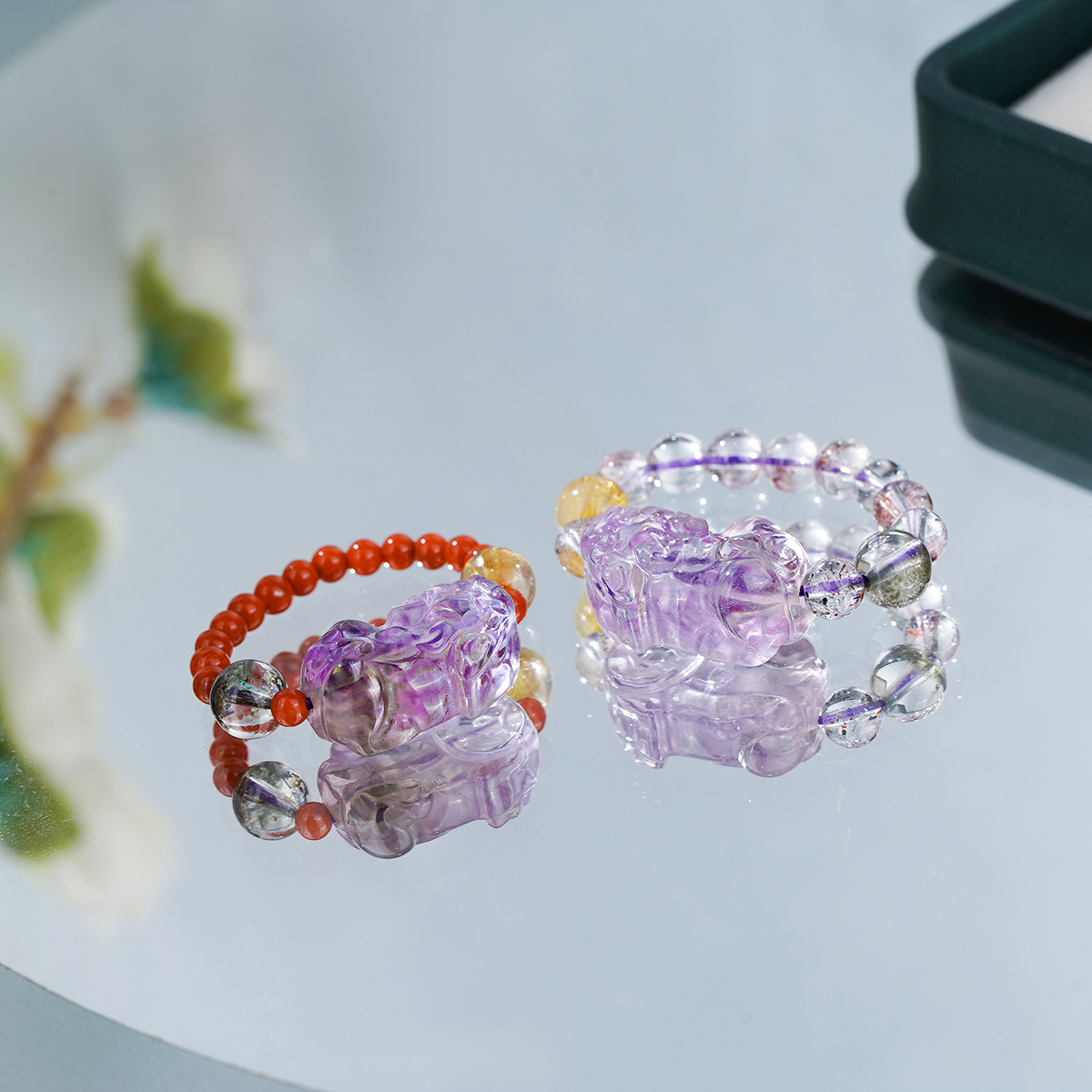 【新品】紫黄晶貔貅-绿幽灵金发晶-南红超七戒指