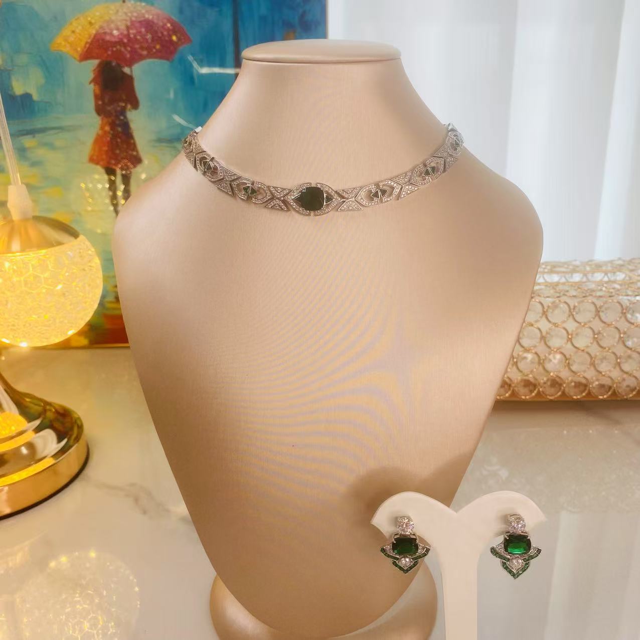 铜合金锆石项链 D010《旖旎》欧美瑞丽绿色方晶choker款坠链套装