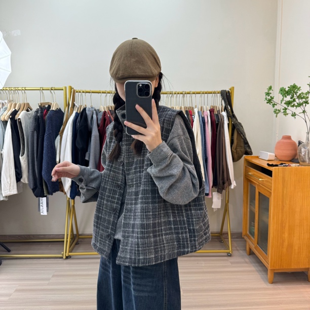 秋冬宽松显瘦百搭夹棉格子马甲