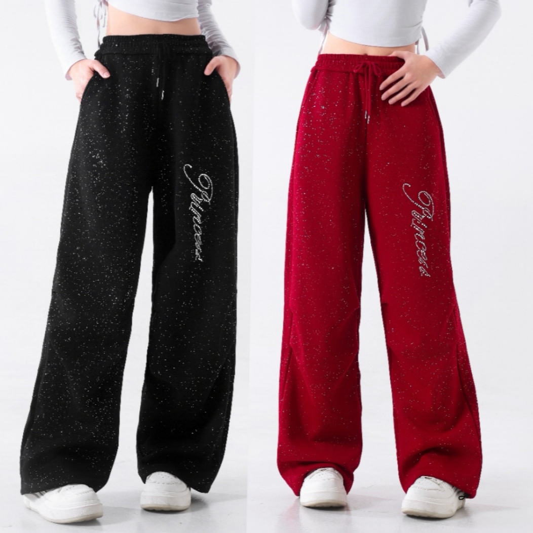 秋冬新款加厚洒银烫钻弯刀直筒裤休闲时尚潮流抽绳复合棉卫裤两穿