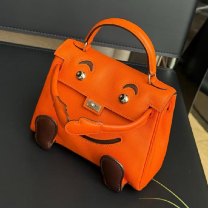 95新 Hermes/爱马仕 Kelly doll 爱马仕橙银扣手提包 框D刻