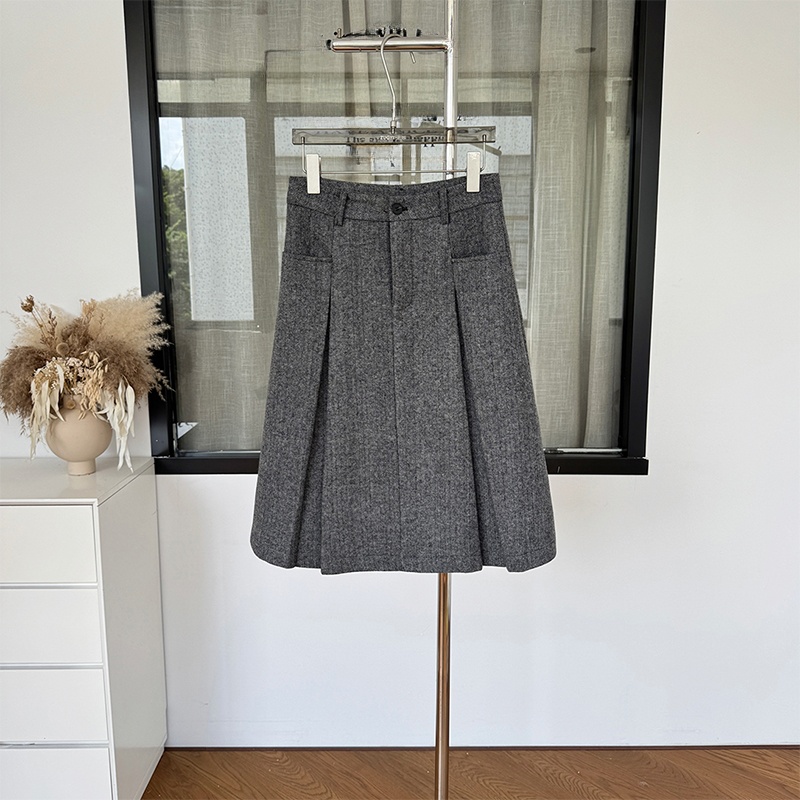 通勤百搭高腰显瘦毛呢半身裙女秋冬新款人字纹A型褶裥设计百褶裙