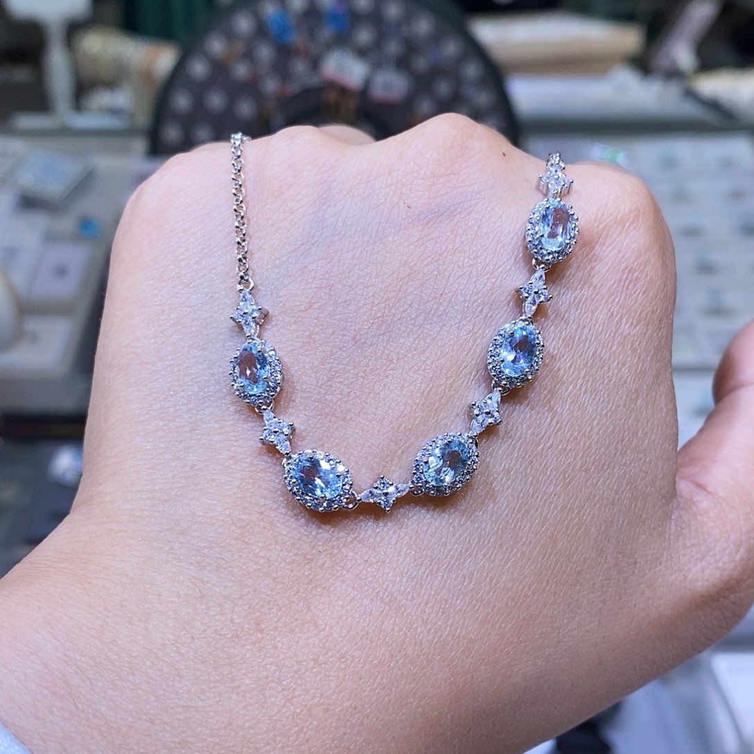 海蓝宝石手链银S925镶嵌天然海蓝宝