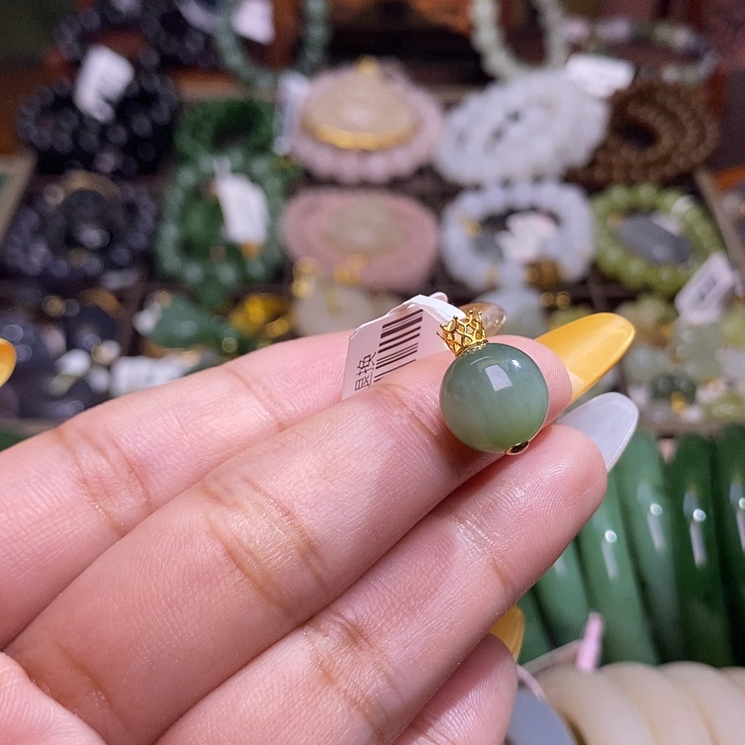 和田玉未镶嵌颈饰碧玉猫眼老矿料金镶圆珠