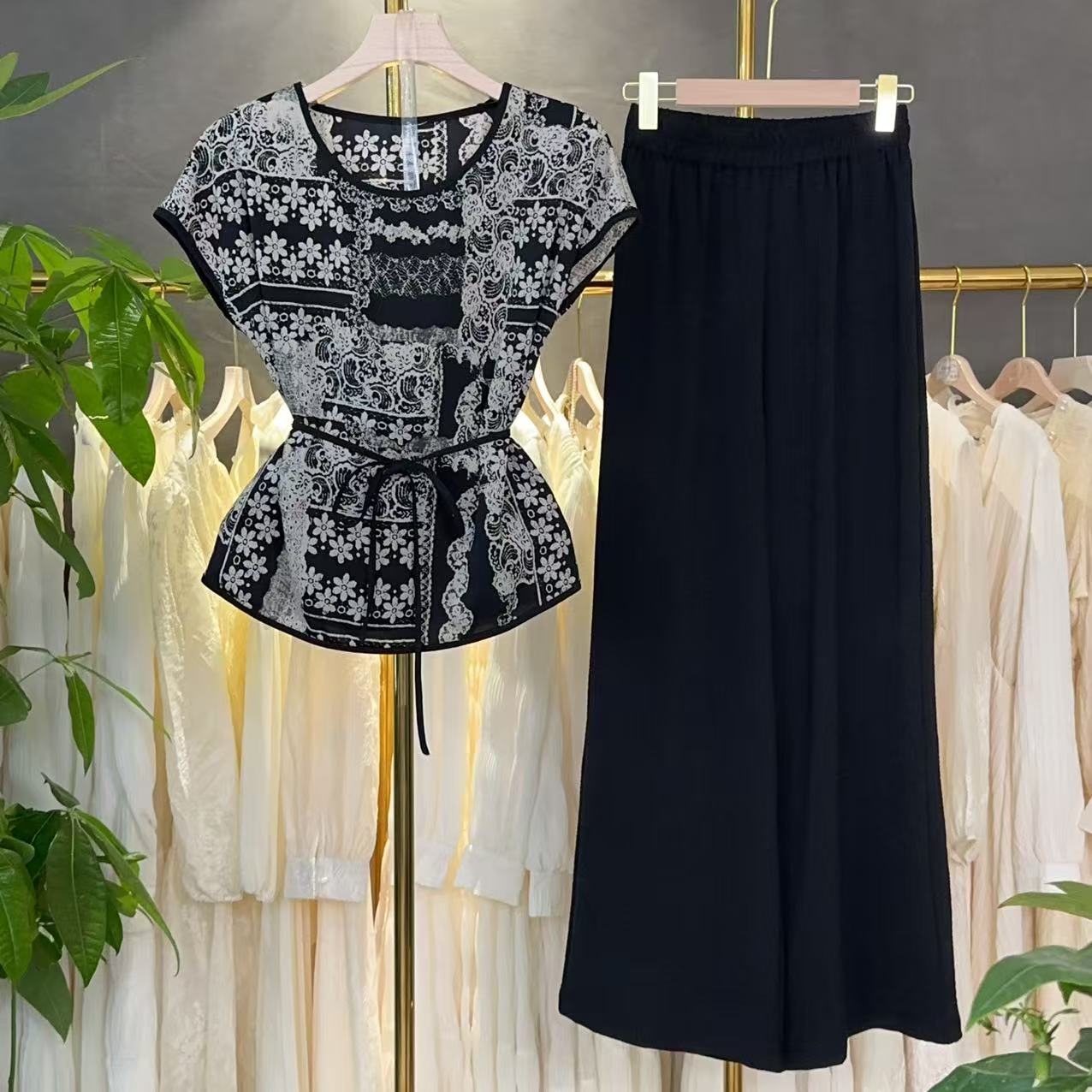 【三件套】时尚套装2025夏季新款休闲减龄上衣+阔腿裤+腰带套装M362