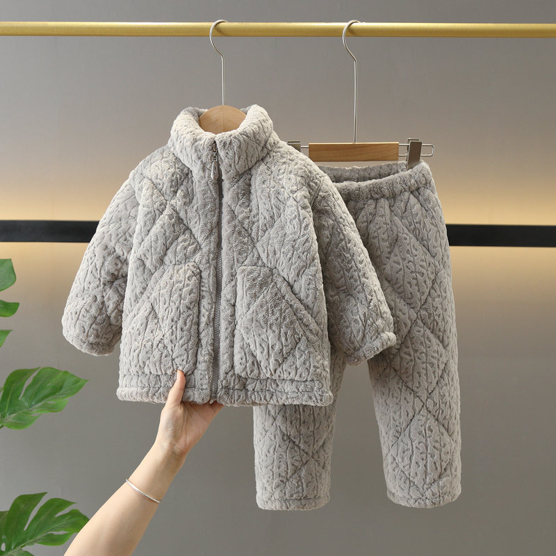 冬季儿童睡衣加厚加绒夹棉小中大男孩女童宝宝亲子家居服拉链套装