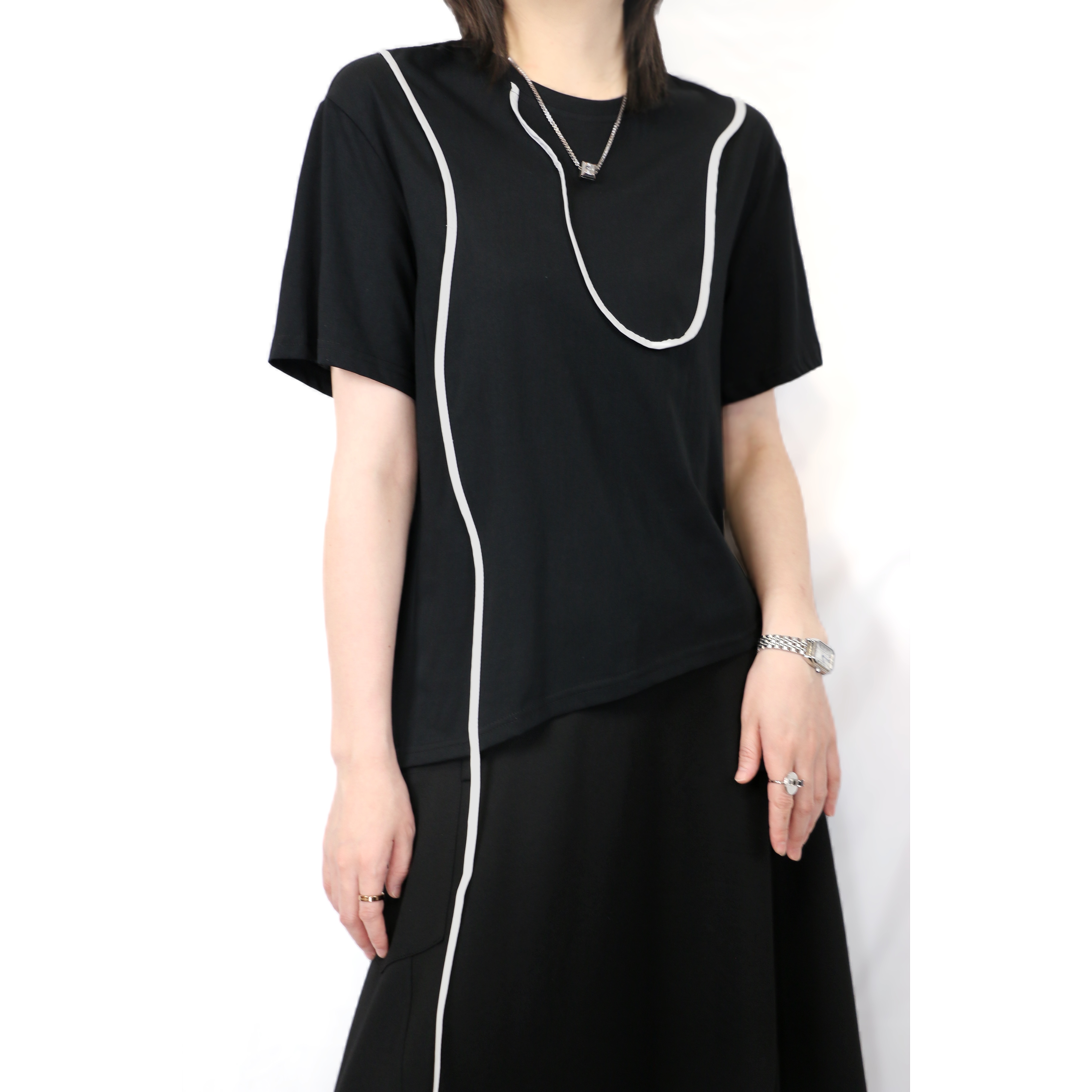 畅形CHECKLESS小众拼接线条不规则宽松圆领恤时尚气质设计感短袖