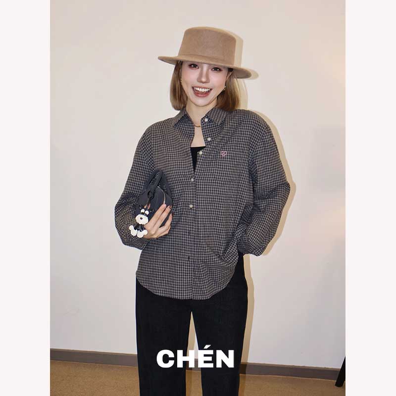 【奥利奥】晨总自制休闲韩版格子显瘦宽松秋季衬衫薄款女