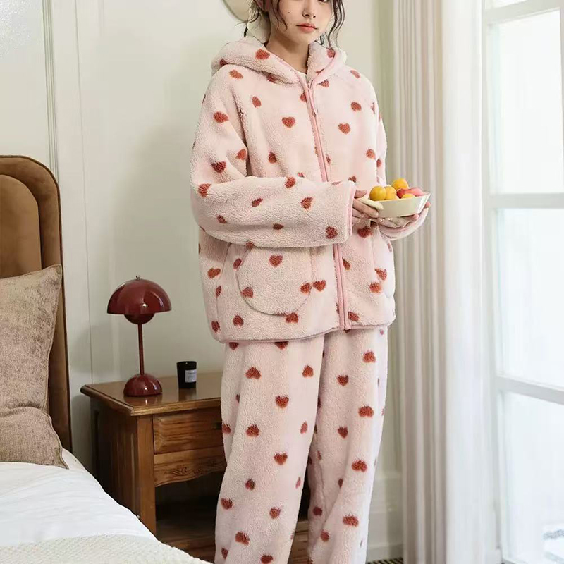冬季新款热力绒粉爱心拉链连帽睡衣加厚保暖居家舒适长袖套装3089
