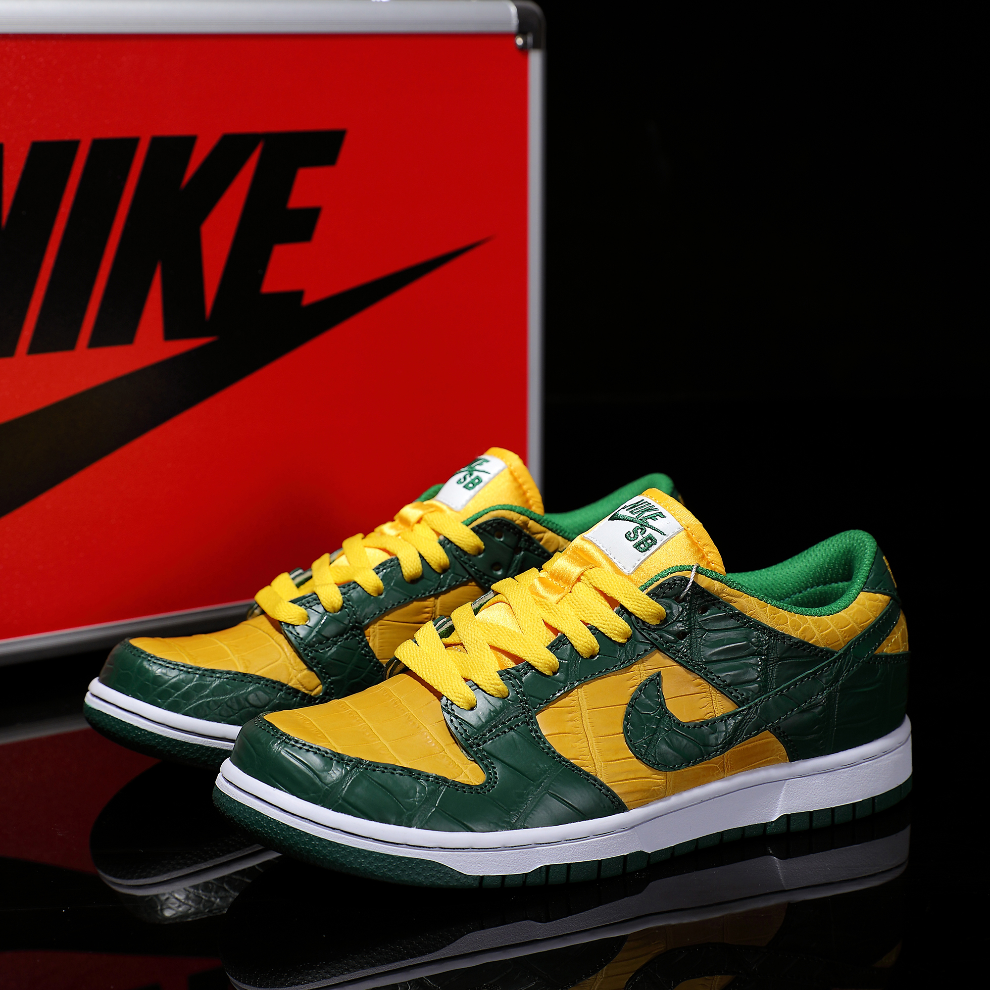 NIKE/耐克定制球鞋 dunk巴西黄绿鳄鱼皮 低帮情侣款潮鞋百搭时尚