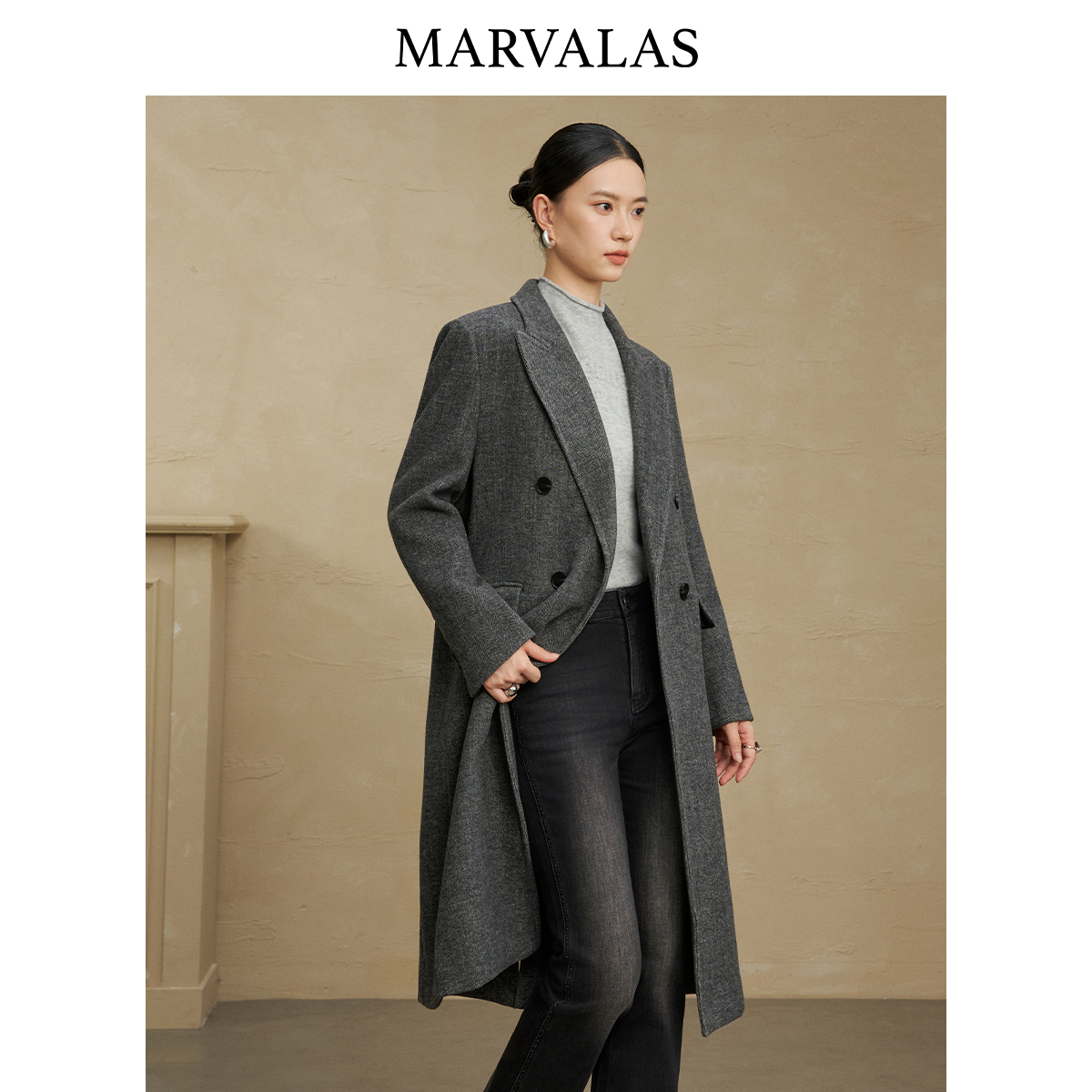 曼德诗长款毛呢外套冬季新款气质百搭通勤呢子大衣