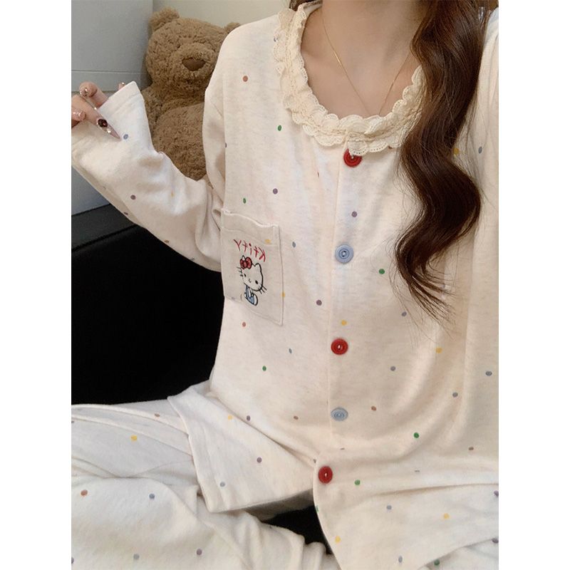 秋冬新款韩系彩色波点Kitty猫双面磨毛德绒家居服可外穿睡衣套装