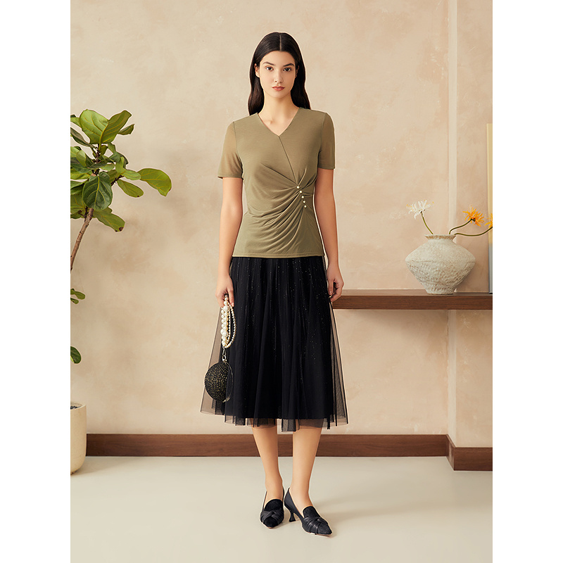 YINER/音儿新款法式优雅衬衫褶艺钉珠不对称褶轻上衣8C65170006