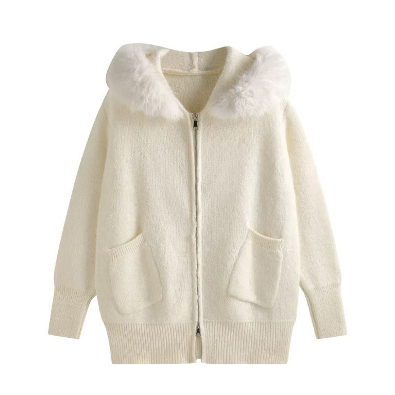 美拉德风毛领连帽针织开衫外套女秋冬新款显瘦休闲百搭毛衣上衣