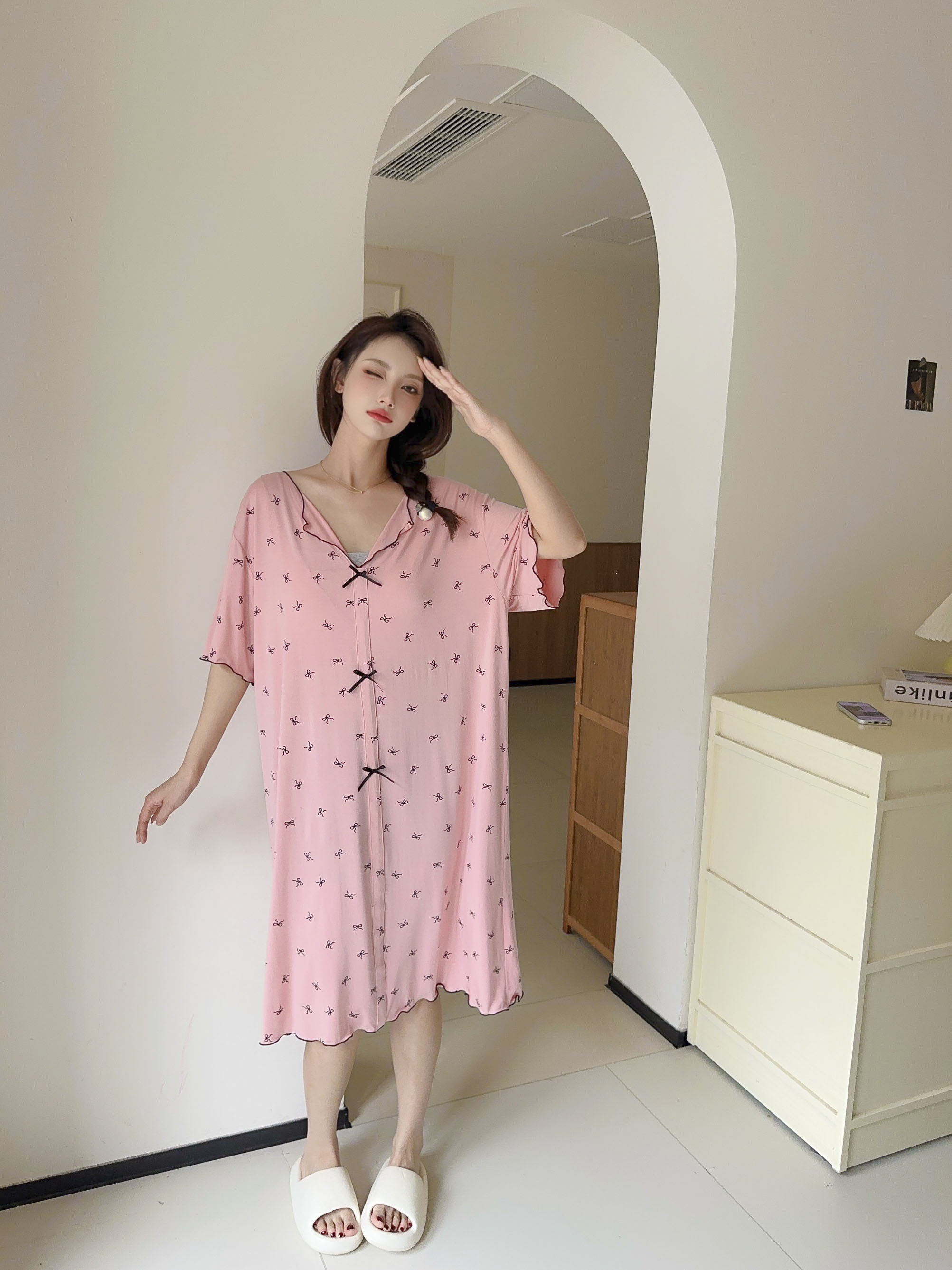 优可丝【亨利领睡裙】25新款家居服竹纤维睡衣透气莫代尔6263