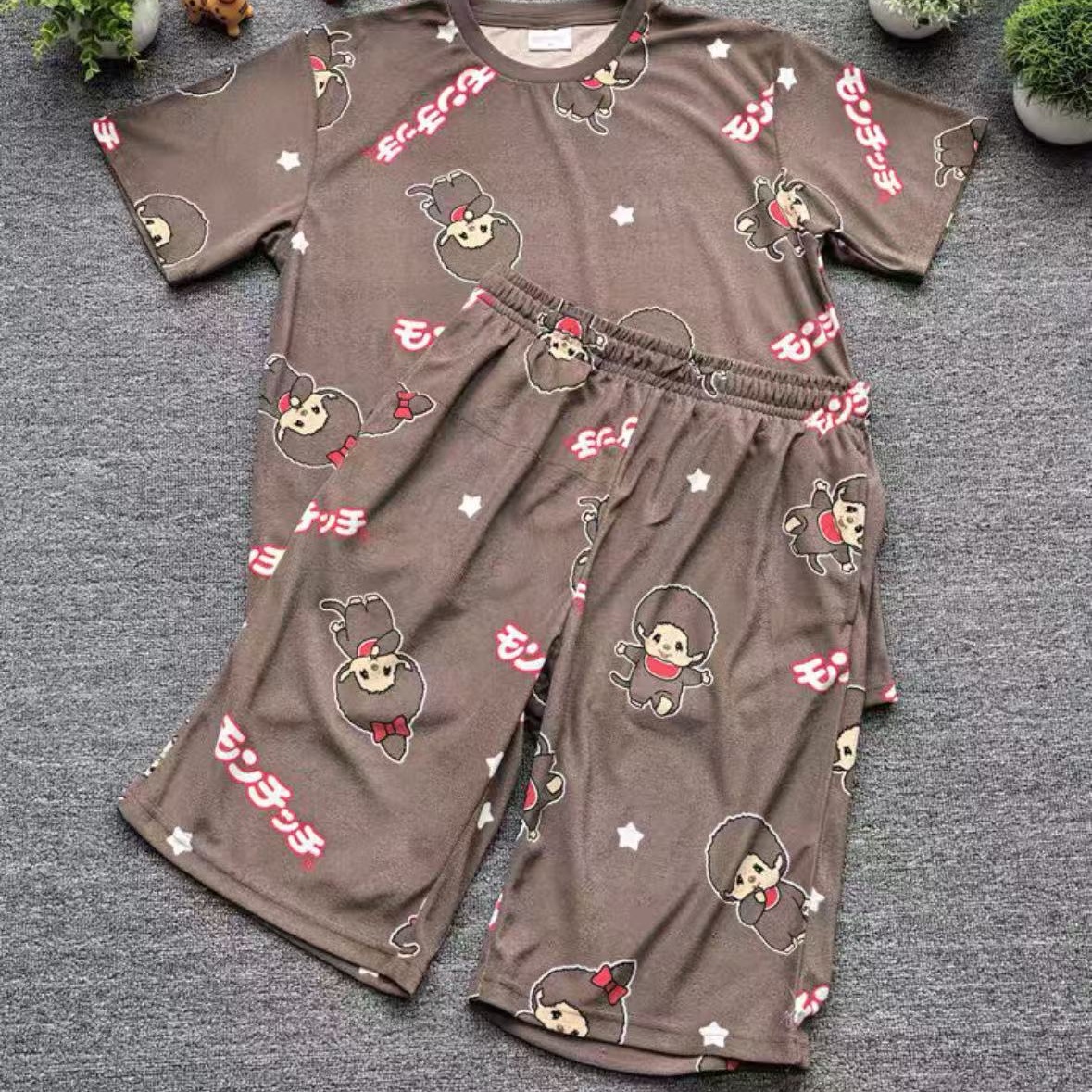 【大阪限定】Monchhichi 蒙奇奇小男孩 棕色毛巾料 短袖短裤套装