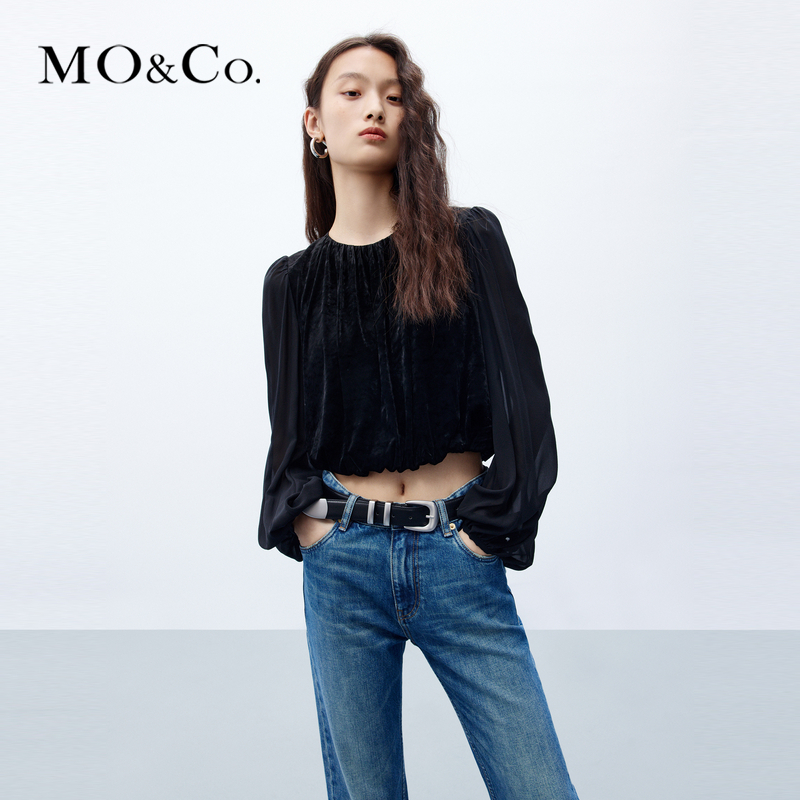 【陈大可专属】MOCO秋醋酸混纺泡泡褶理拼接短款上衣MBC3TOP010