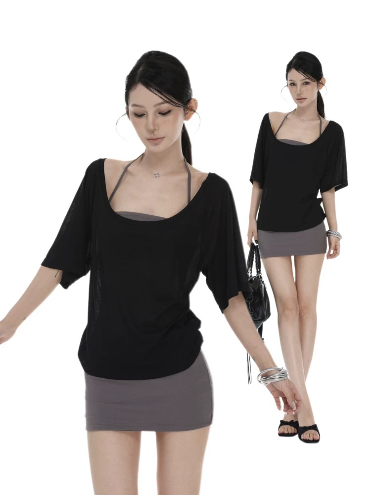 巧克少女/纯欲风黑色U领短T抹胸➕半身裙