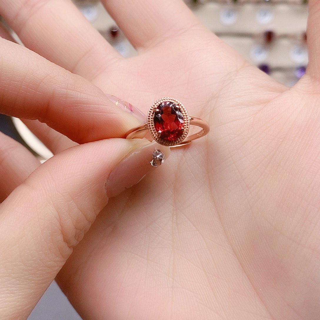 石榴石戒指银S925镶嵌戒指