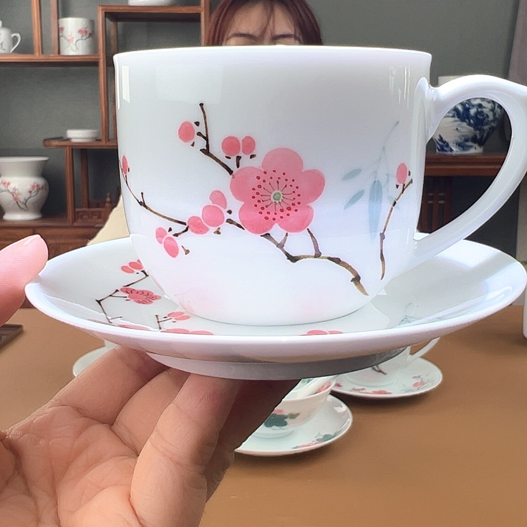 高白瓷 红梅咖啡杯碟瑕