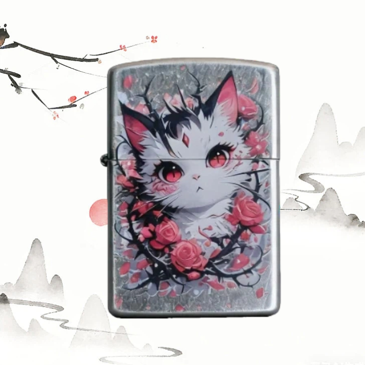 玫瑰花猫防风打火机男士送男友达人无油M