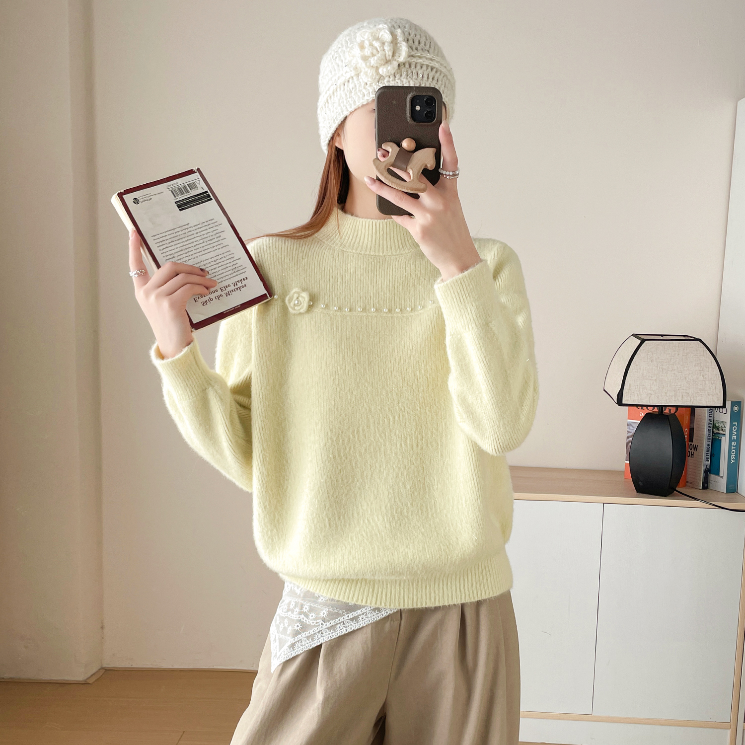 苏醒的乐园冬季新款加厚套头毛衣女SXMY53301百搭半高领钉珠花朵