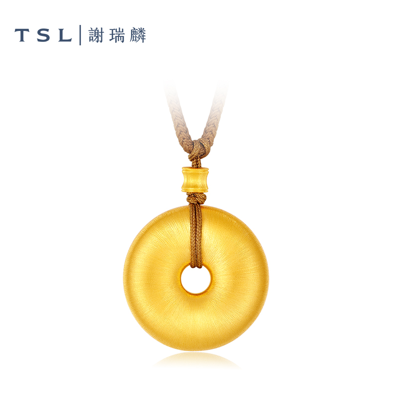 TSL/谢瑞麟计价足金古法拉丝平安扣吊坠古风甜甜圈编绳款挂坠